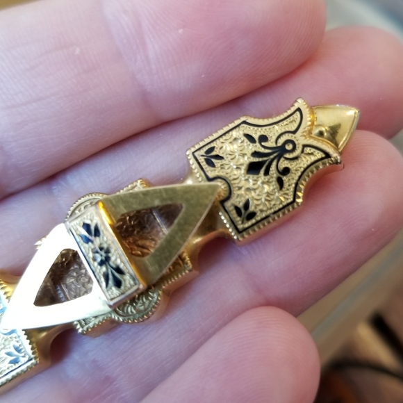 Antique brooch taille d'epargne bar pin gold tone Victorian - Picture 9 of 14